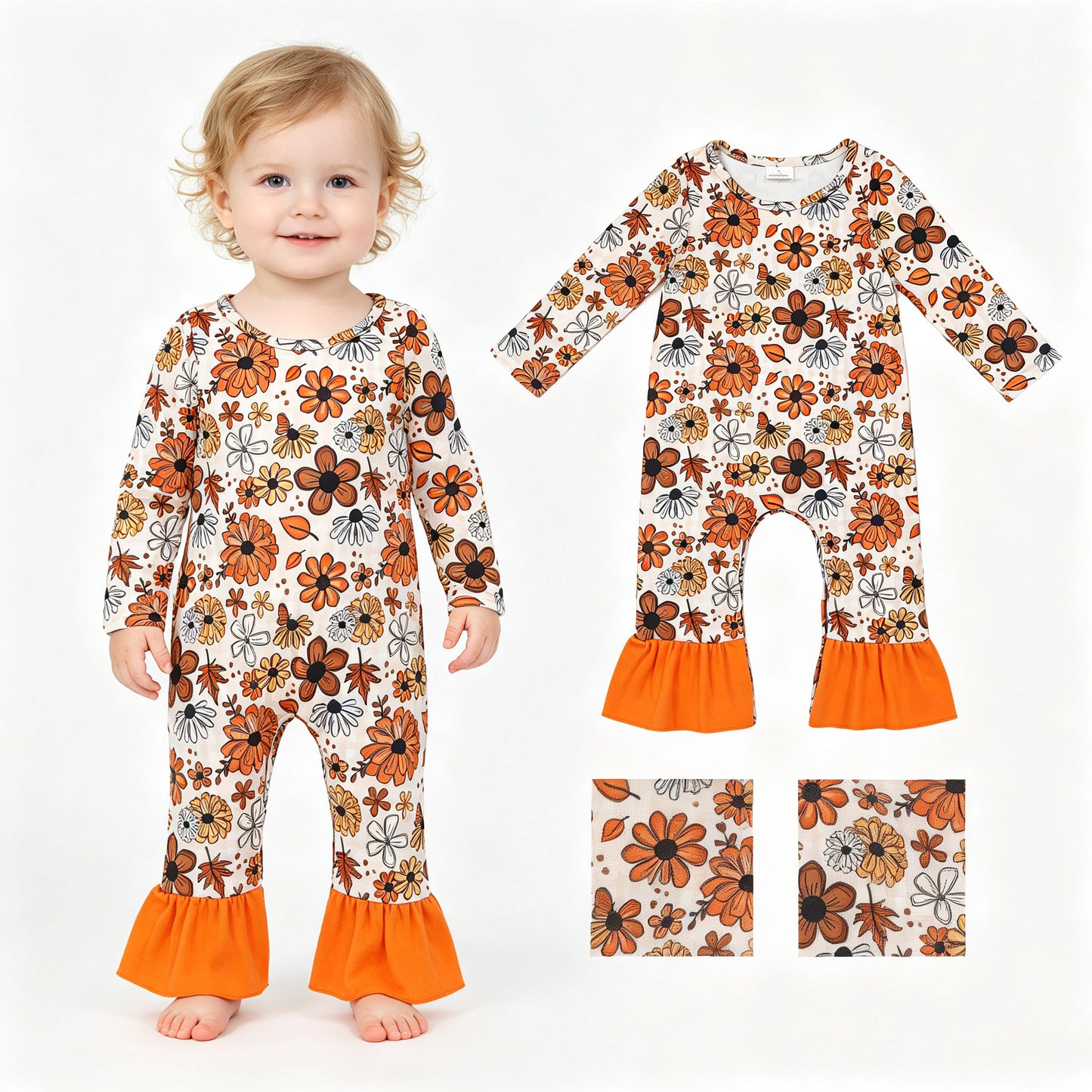 Baby Girls Long Sleeve Flowers Leaves Fall Ruffle Pant Rompers