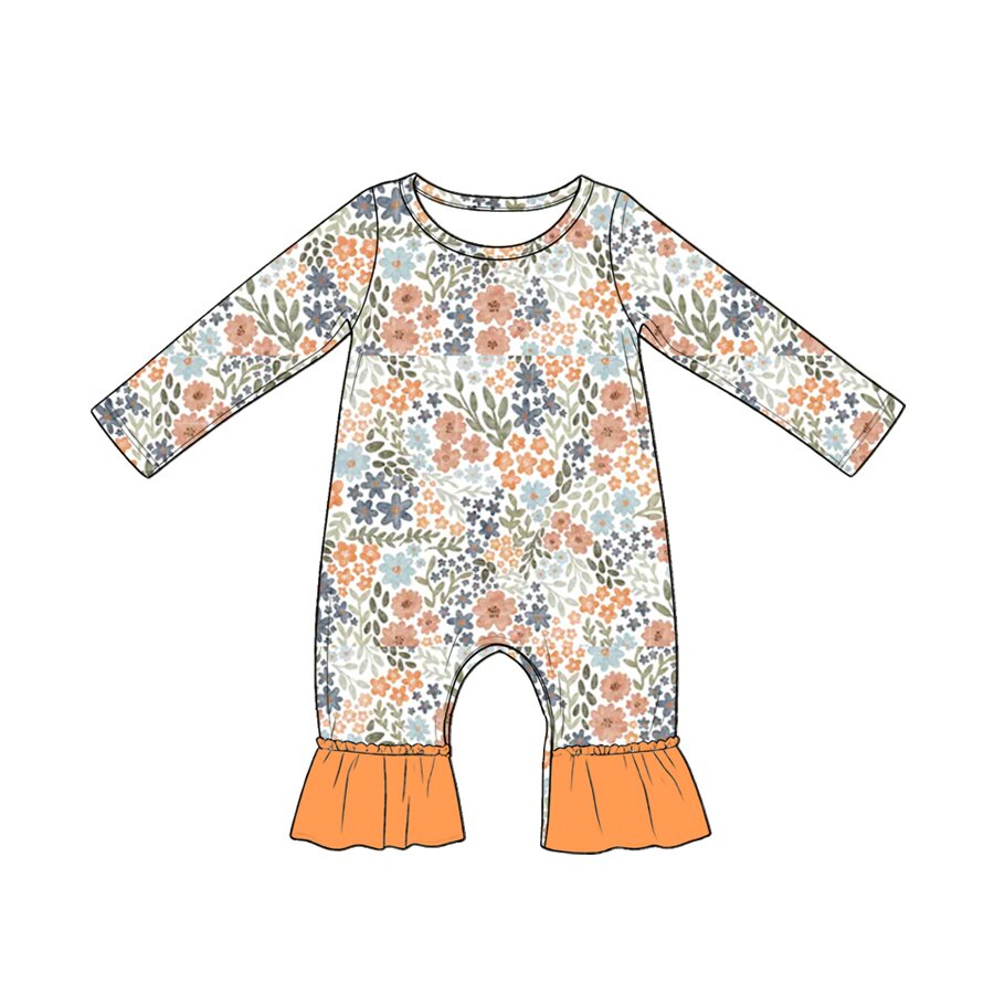 Baby Girls Long Sleeve Colorful Flowers Ruffle Pant Rompers Preorder