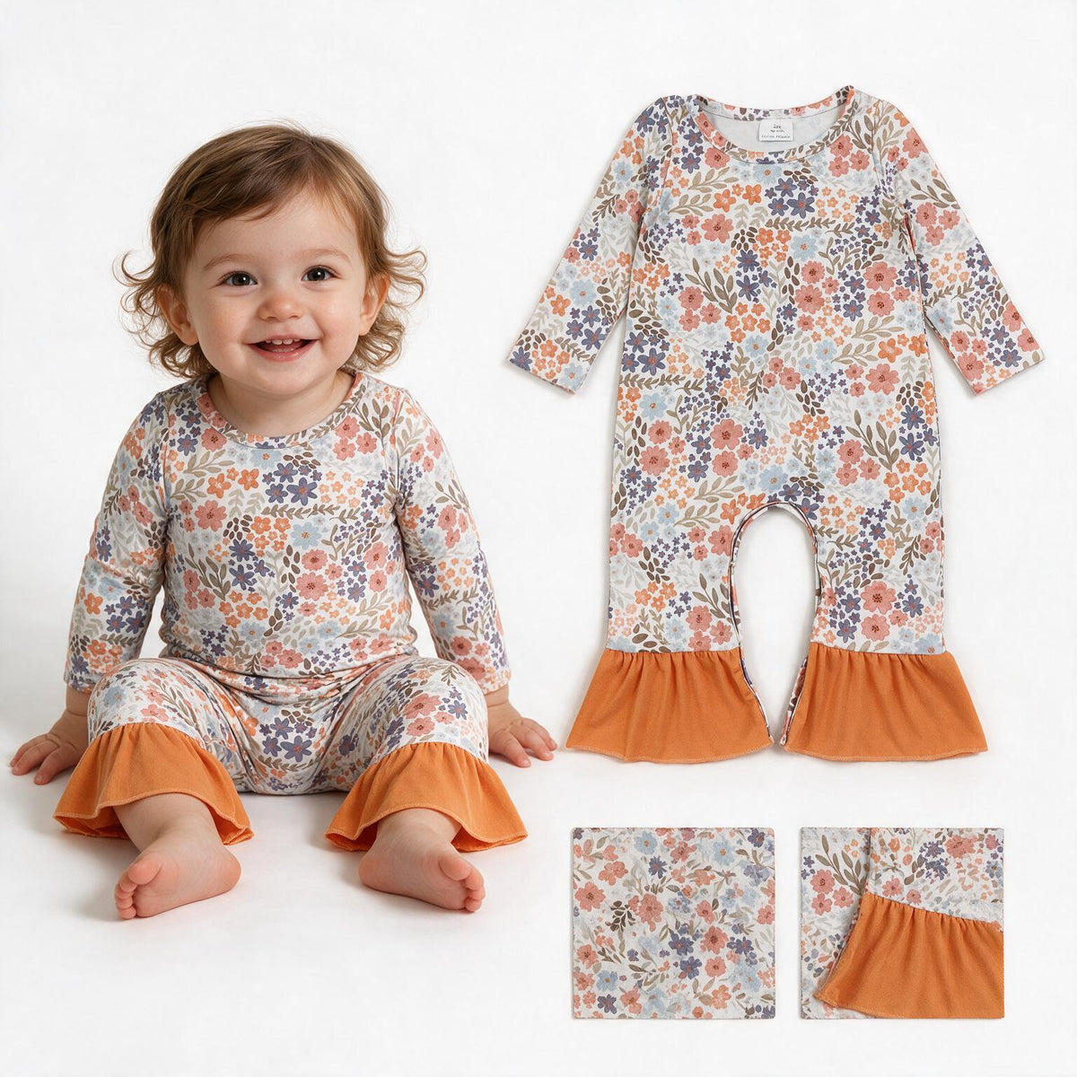 Baby Girls Long Sleeve Colorful Flowers Fall Ruffle Pant Rompers