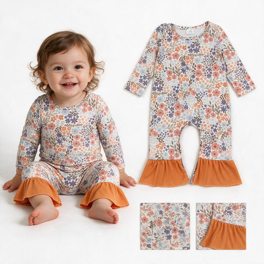 Baby Girls Long Sleeve Colorful Flowers Fall Ruffle Pant Rompers