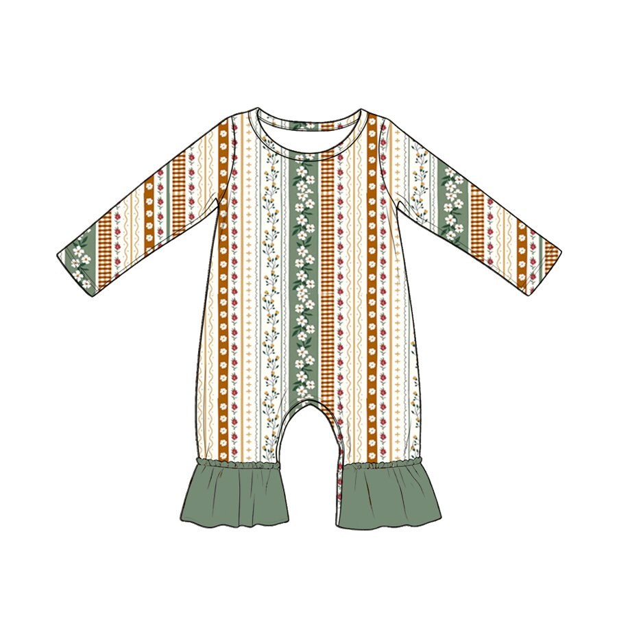 Baby Girls Long Sleeve Colorful Flowers Stripe Ruffle Pant Rompers Preorder