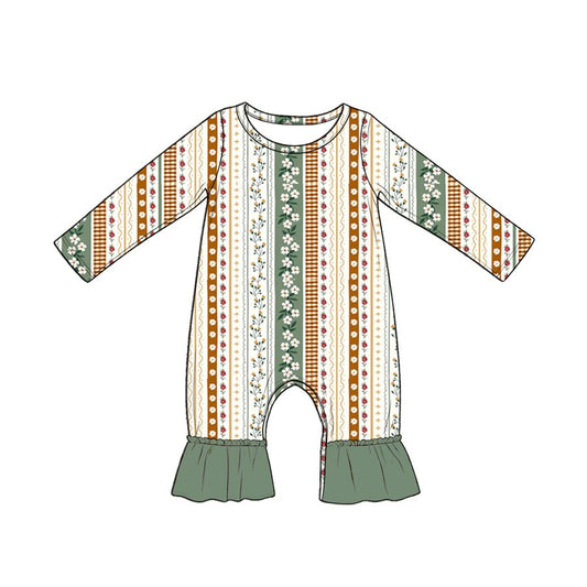 Baby Girls Long Sleeve Colorful Flowers Stripe Ruffle Pant Rompers Preorder