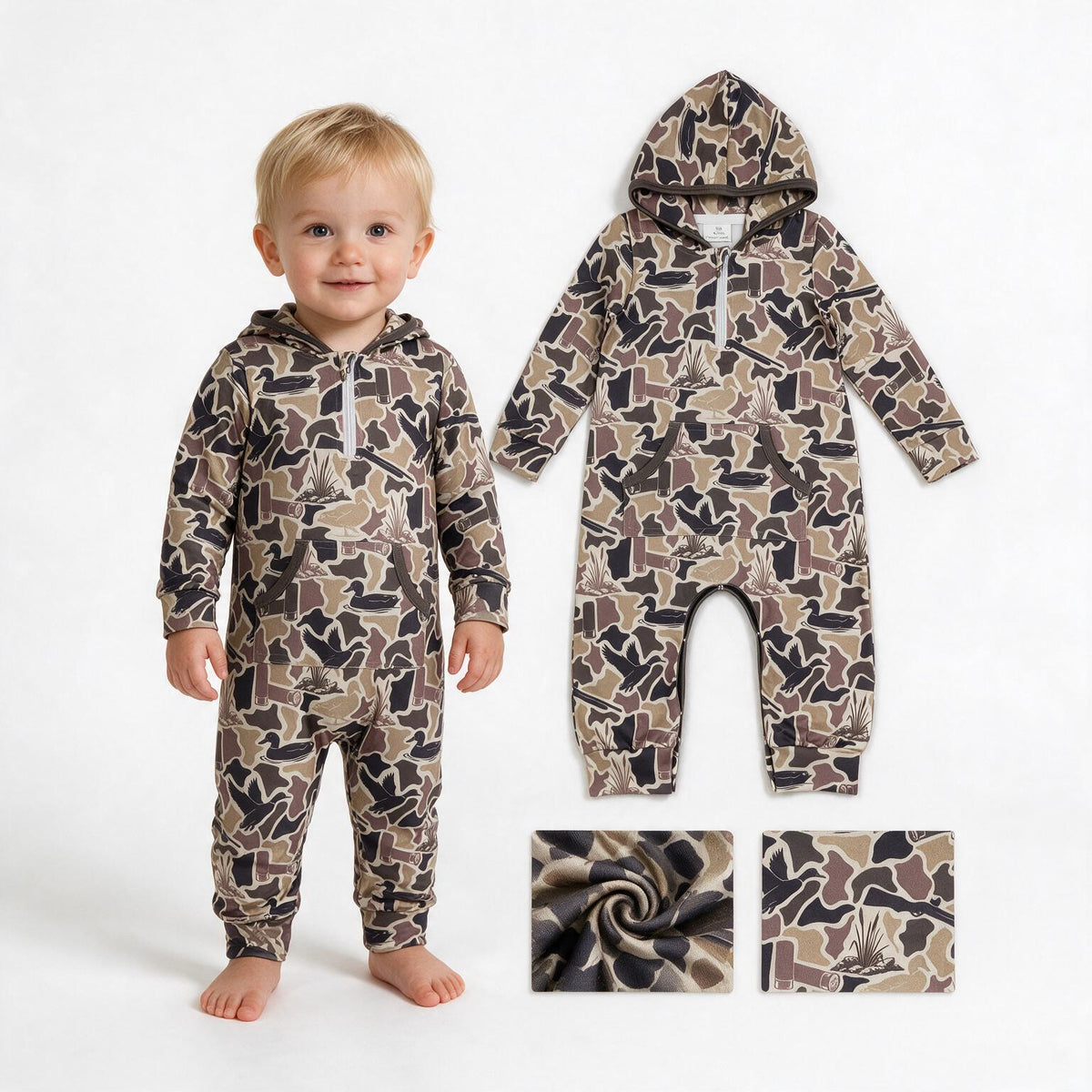 Baby Boys Grey Ducks Camo Hunting Zip Pockets Hoodie Pant Rompers