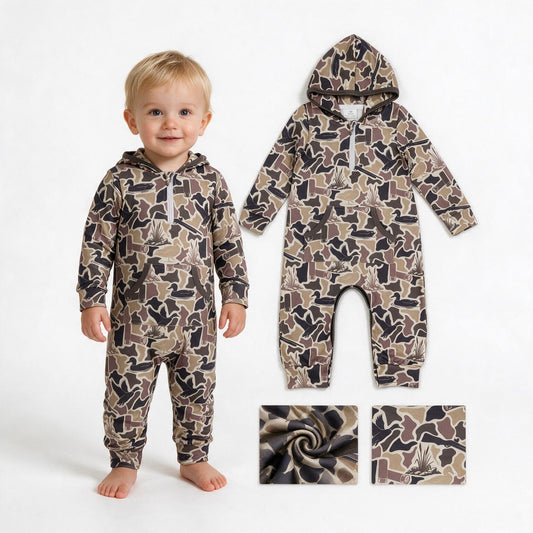 Baby Boys Grey Ducks Camo Hunting Zip Pockets Hoodie Pant Rompers