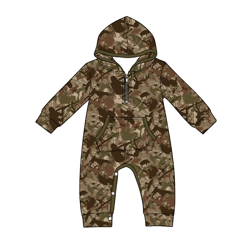 Baby Boys Long Sleeve Dogs Ducks Camo Hunting Zip Pockets Pant Rompers Preorder