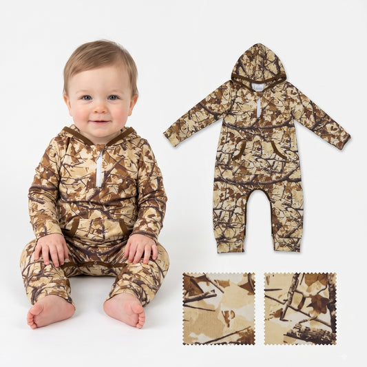 Baby Boys Leaves Camo Half Zip Pockets Pant Fall Hoodie Rompers