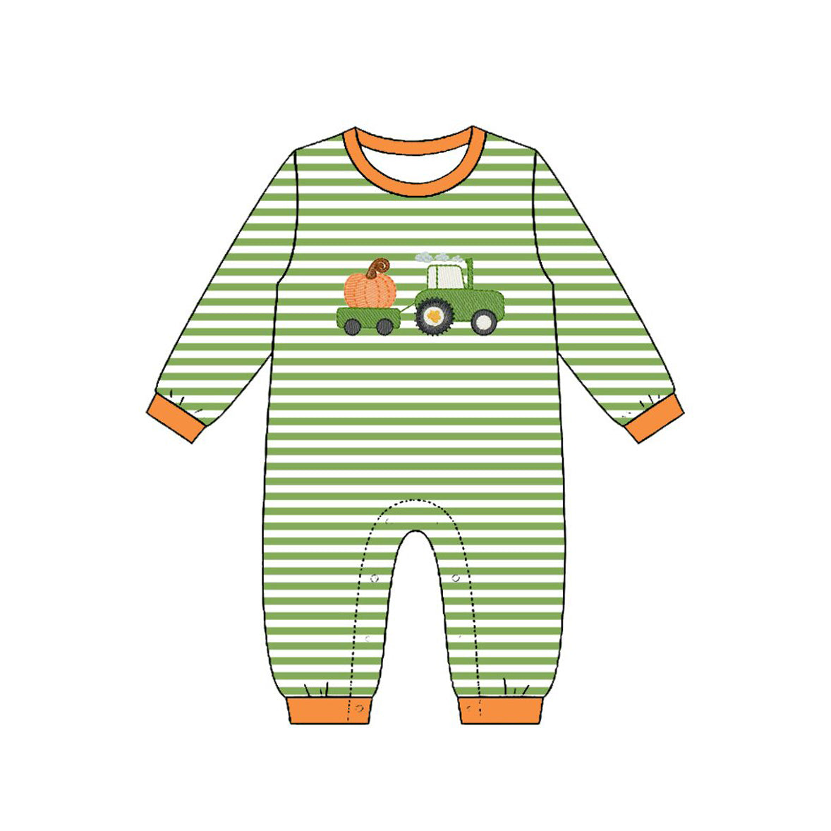 Baby Boys Long Sleeve Green Stripe Pumpkin Truck Fall Pant Rompers Preorder