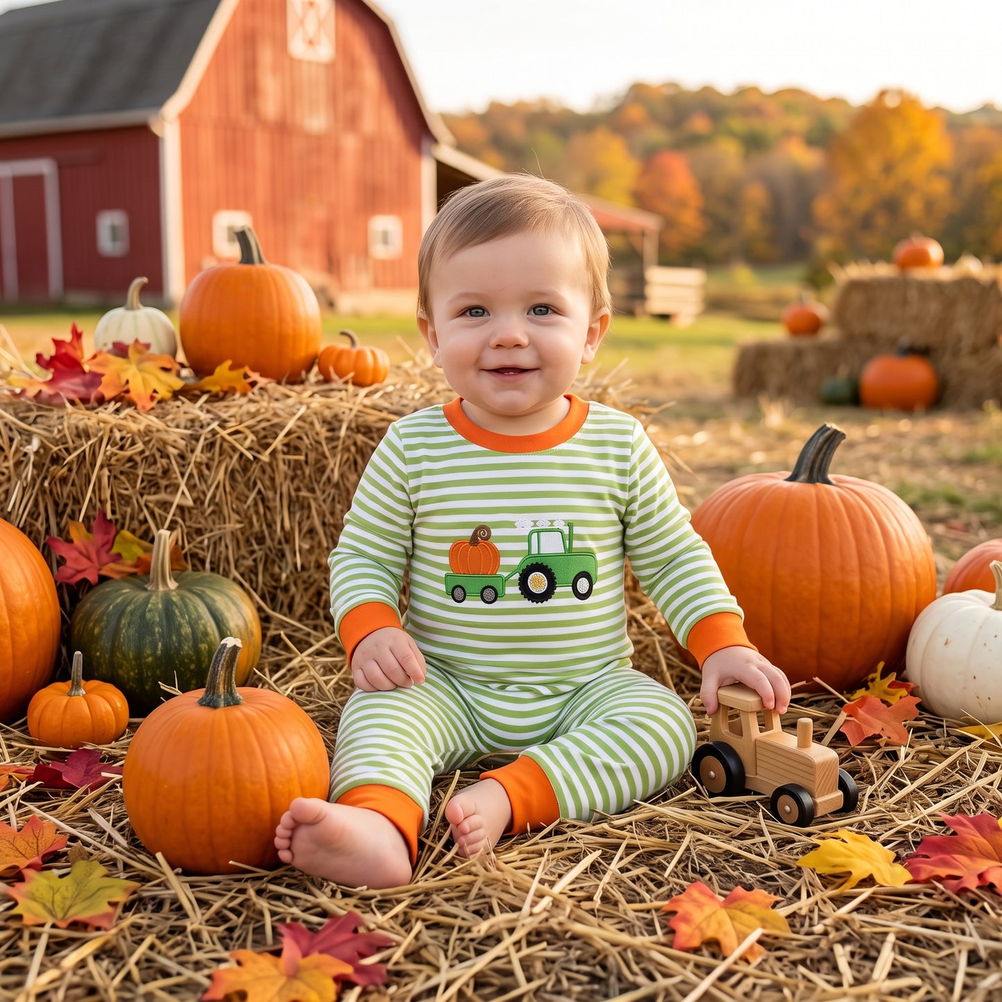 Embroidery Pumpkin Truck Baby Boys Long Sleeve Green Stripe Fall Pant Rompers