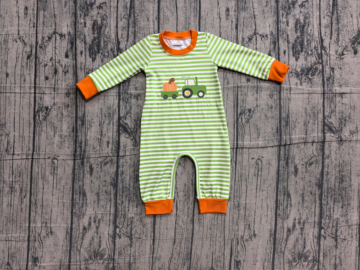 Embroidery Pumpkin Truck Baby Boys Long Sleeve Green Stripe Fall Rompers Preorder