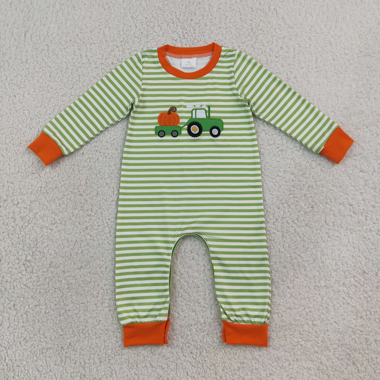 Embroidery Pumpkin Truck Baby Boys Long Sleeve Green Stripe Fall Pant Rompers