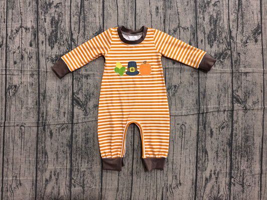 Embroidery Pumpkin Corns Baby Boys Long Sleeve Orange Stripe Fall Rompers Preorder