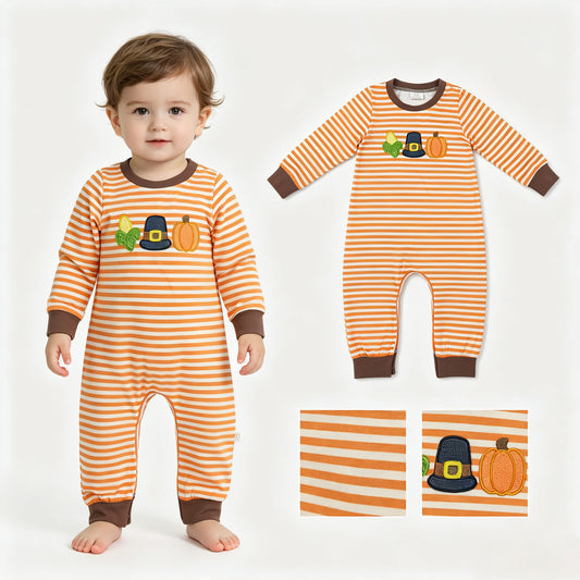 Embroidery Pumpkin Corns Baby Boys Orange Stripe Fall Pant Rompers