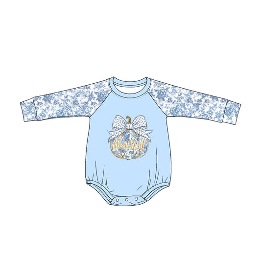 Baby Girls Blue Flowers Bows Pumpkins Thanksgivings Rompers Preorder