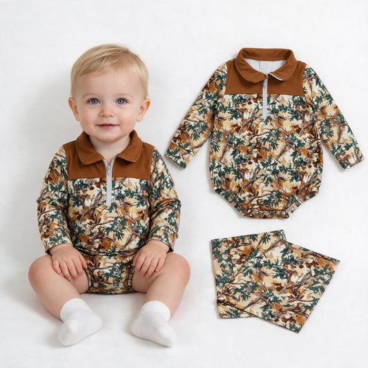Baby Boys Long Sleeve Leaves Camo Fall Zipper Rompers