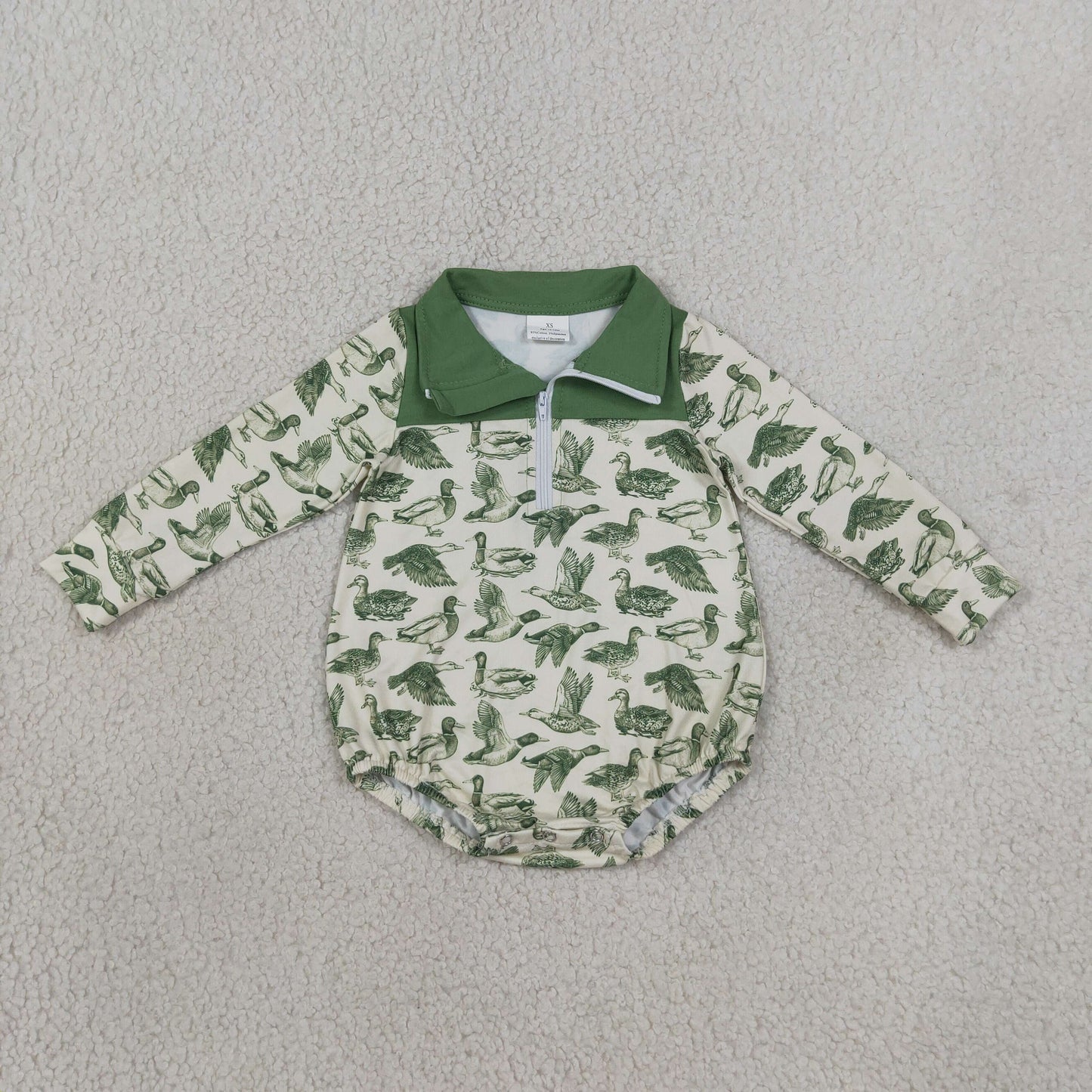 Baby Boys Long Sleeve Green Ducks Hunting Zipper Rompers