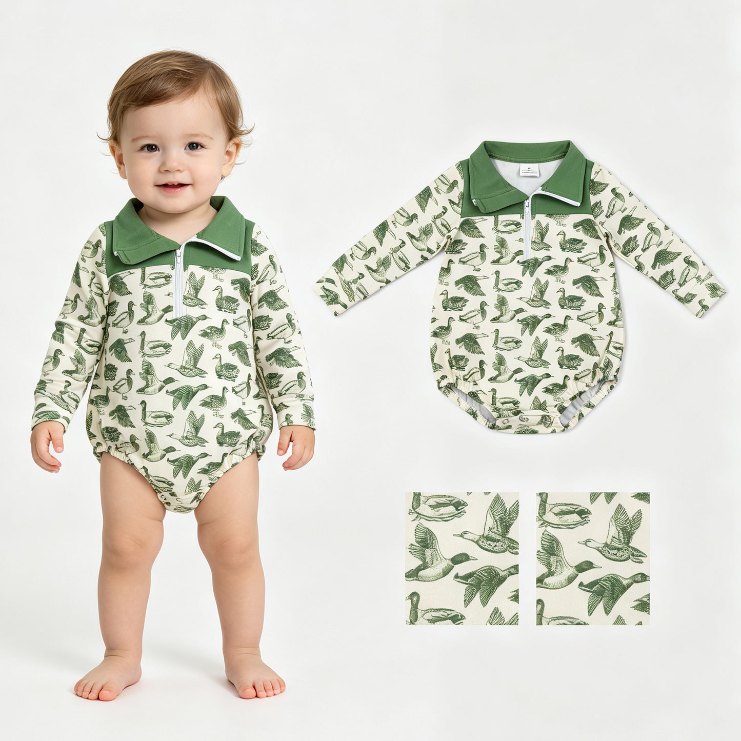 Baby Boys Long Sleeve Green Ducks Hunting Zipper Rompers