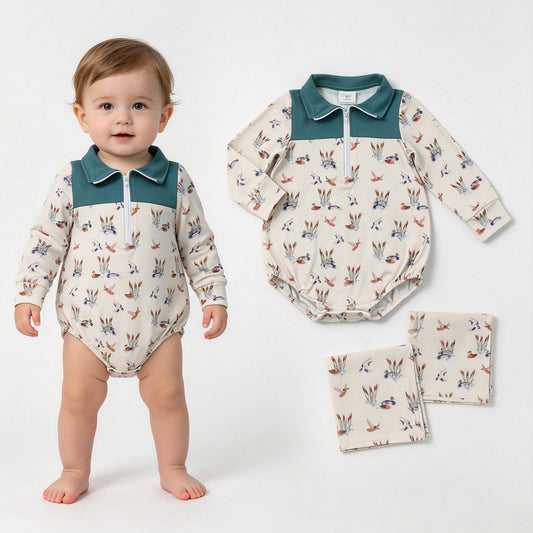 Baby Boys Long Sleeve Ducks Plaid Hunting Zip Rompers