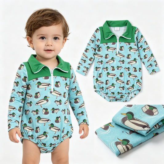 Baby Boys Long Sleeve Ducks Plaid Hunting Zip Rompers