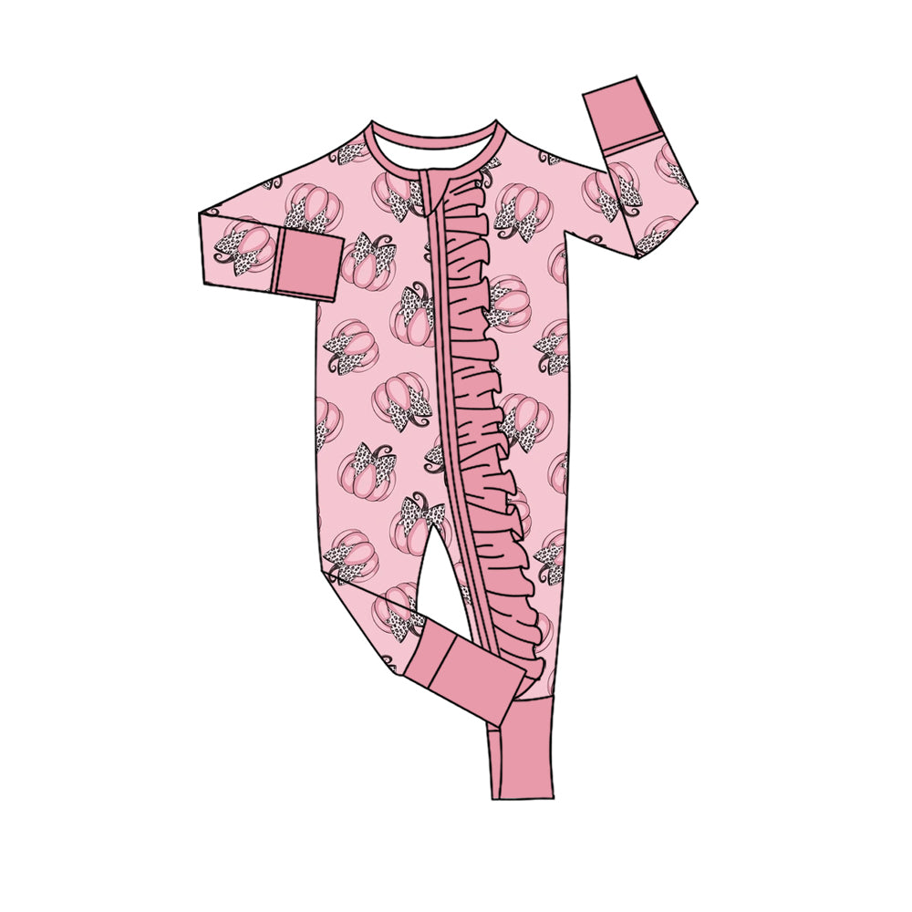 Baby Girls Pink Bows Pumpkins Fall Ruffle Zip Rompers Preorder