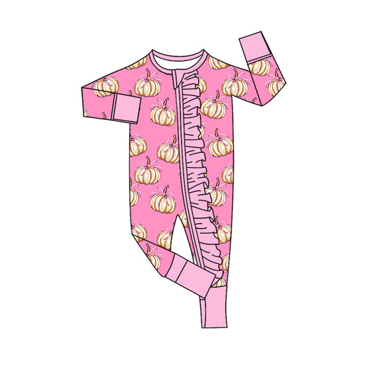 Baby Girls Pink Bows Pumpkins Fall Ruffle Zip Rompers Preorder