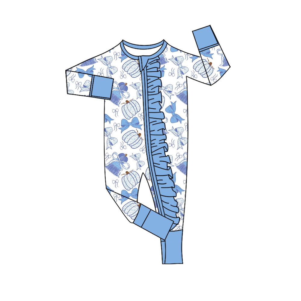 Baby Girls Blue Bows Pumpkins Fall Ruffle Zip Rompers Preorder
