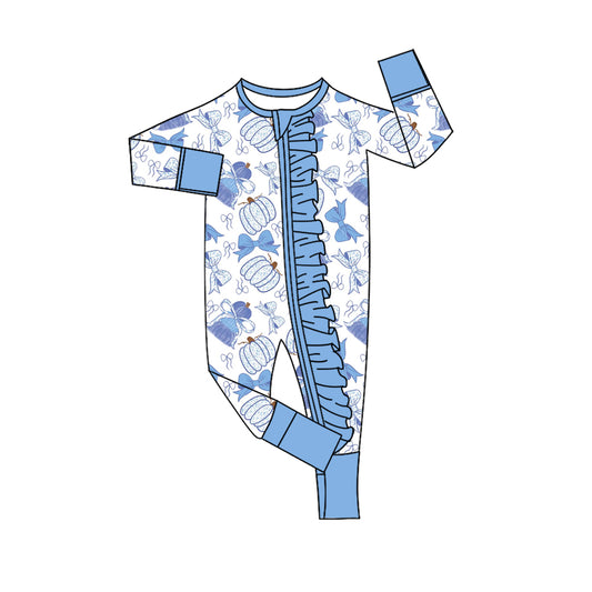 Baby Girls Blue Bows Pumpkins Fall Ruffle Zip Rompers Preorder