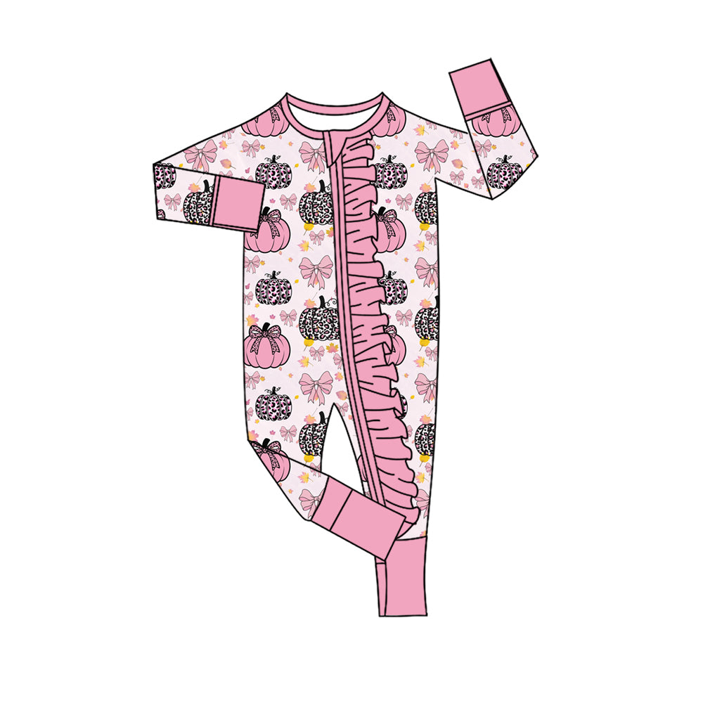 Baby Girls Pink Bows Leopard Pumpkins Fall Ruffle Zip Rompers Preorder
