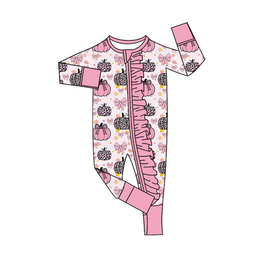 Baby Girls Pink Bows Leopard Pumpkins Fall Ruffle Zip Rompers Preorder