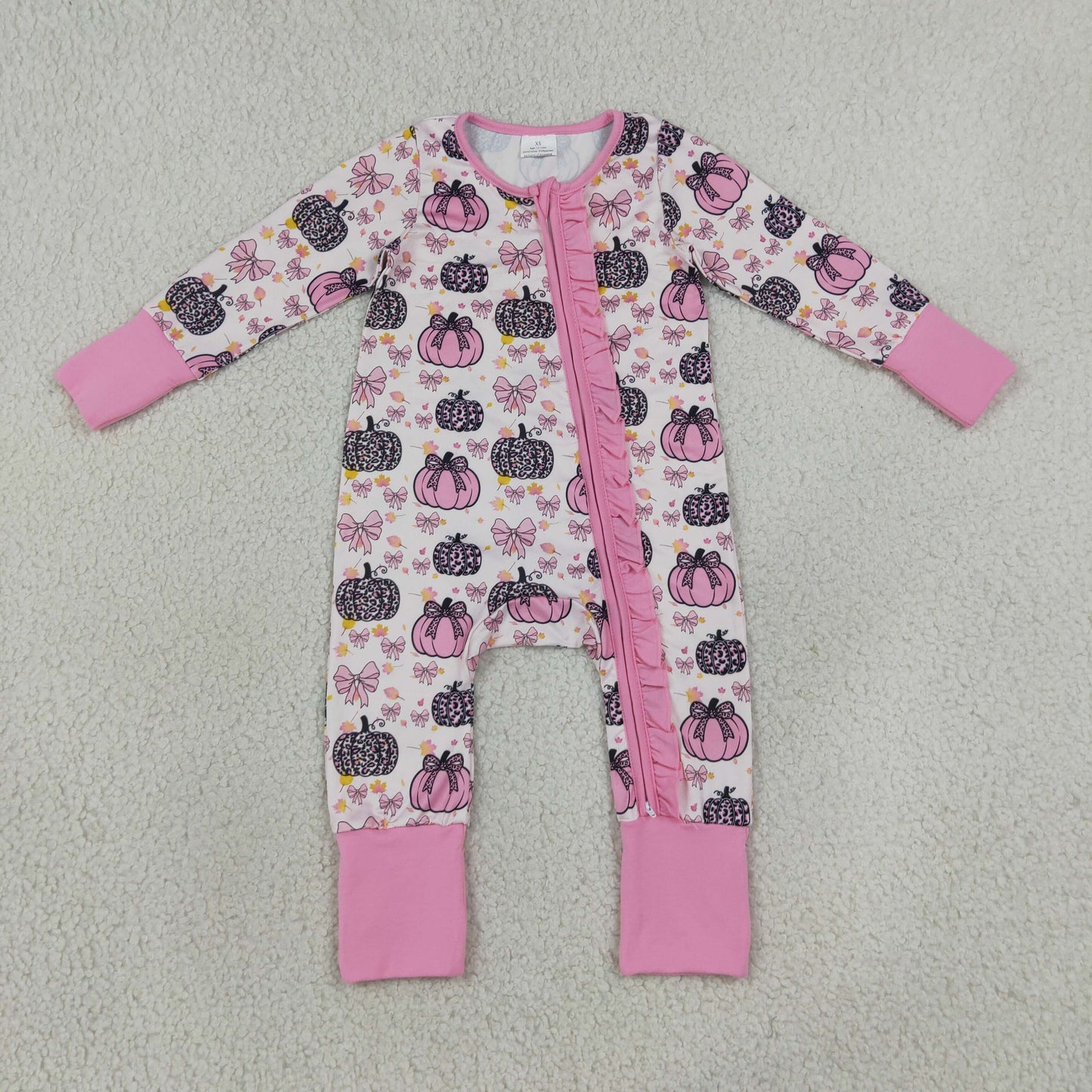 Baby Girls Pink Bows Leopard Pumpkins Fall Two Way Ruffle Zip Convertible Rompers