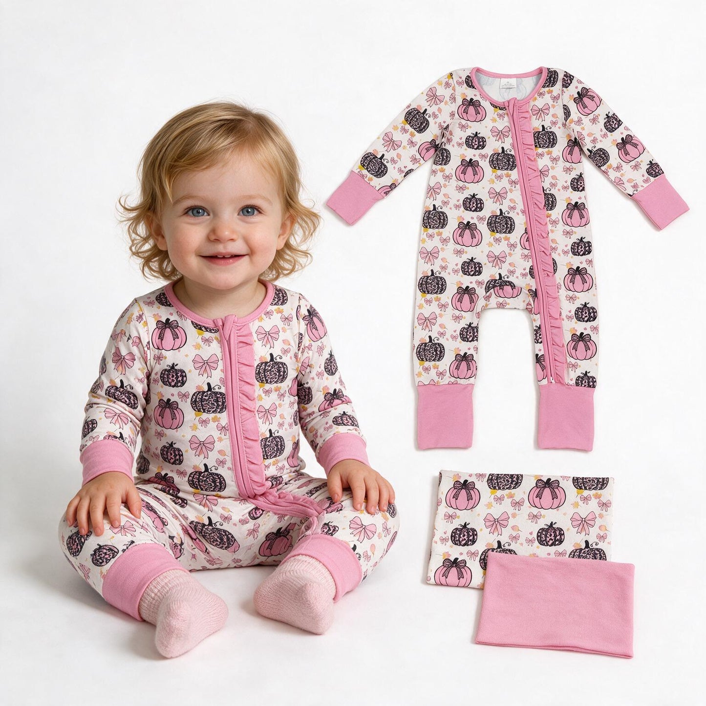 Baby Girls Pink Bows Leopard Pumpkins Fall Two Way Ruffle Zip Convertible Rompers