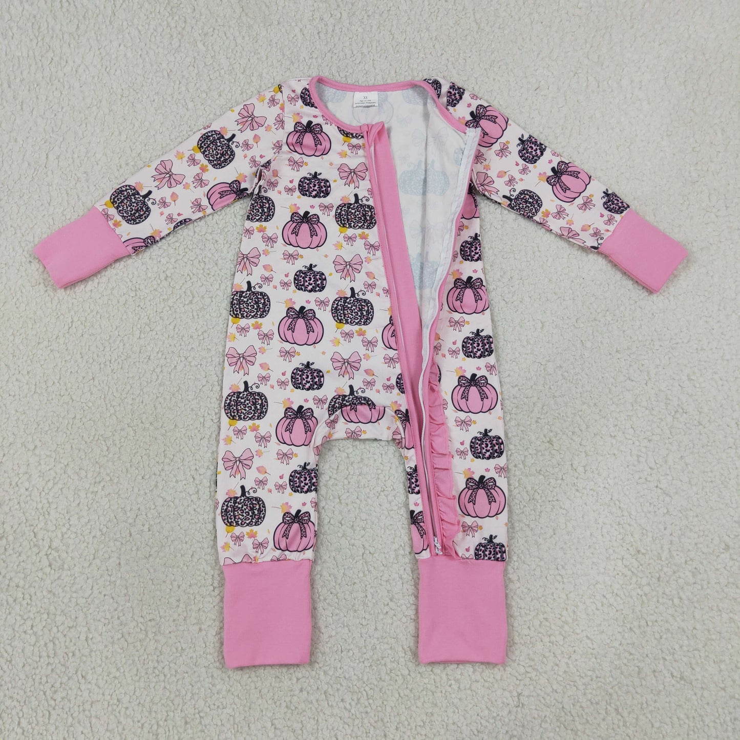 Sibling Baby Girls Bows Pumpkins Fall Pant Pajamas Set Ruffle Zip Rompers