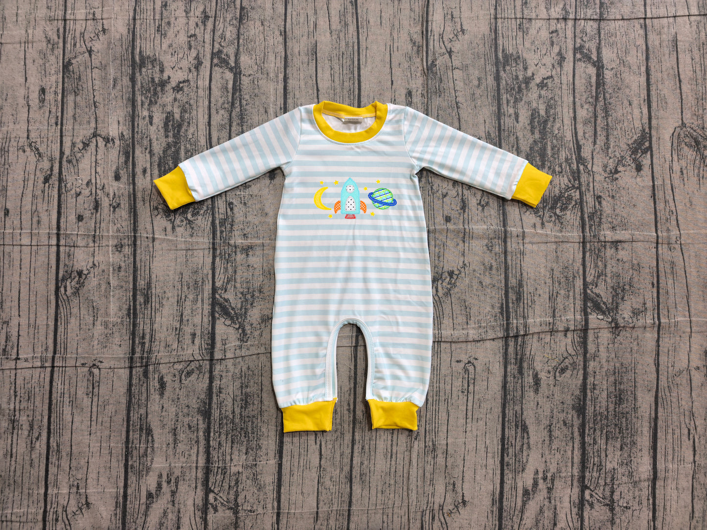 Embroidery Rocket Moons Baby Boys Long Sleeve Blue Stripe Rompers Preorder