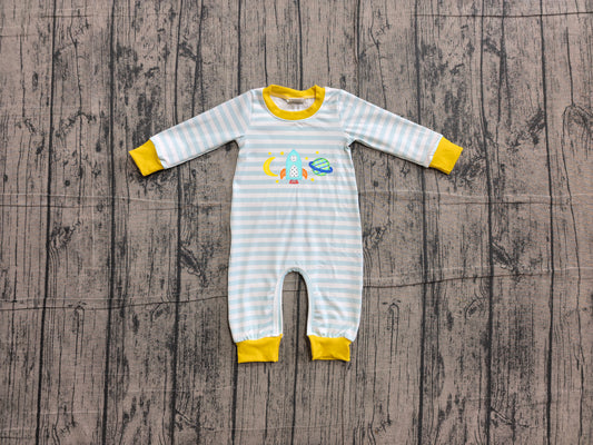 Embroidery Rocket Moons Baby Boys Long Sleeve Blue Stripe Rompers Preorder