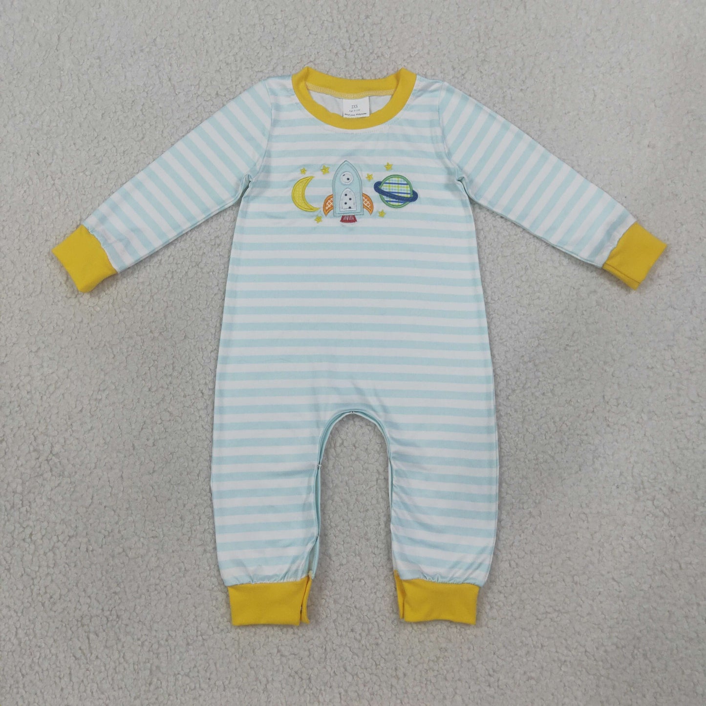 Embroidery Rocket Moons Baby Boys Long Sleeve Blue Stripe Pant Rompers