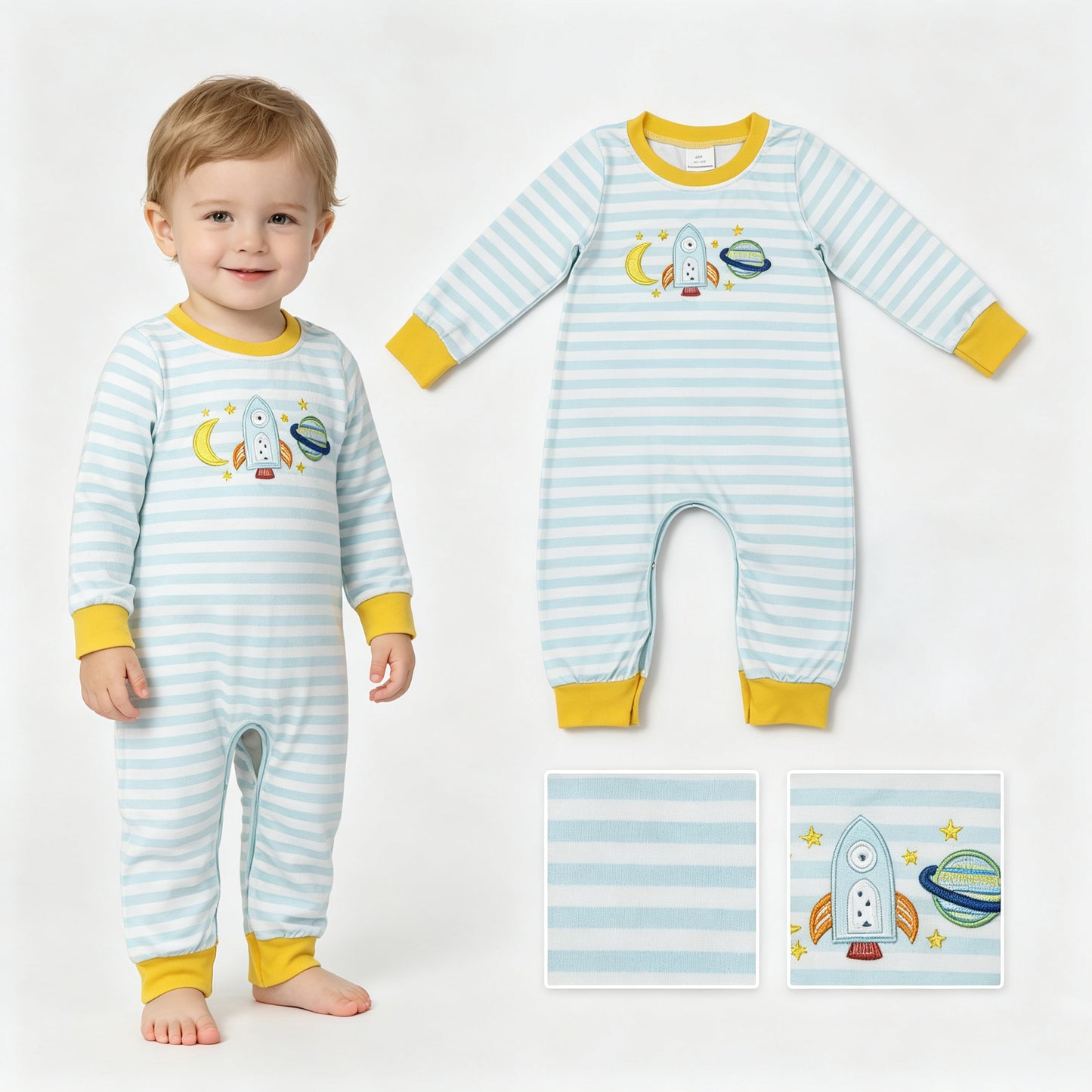 Embroidery Rocket Moons Baby Boys Long Sleeve Blue Stripe Pant Rompers