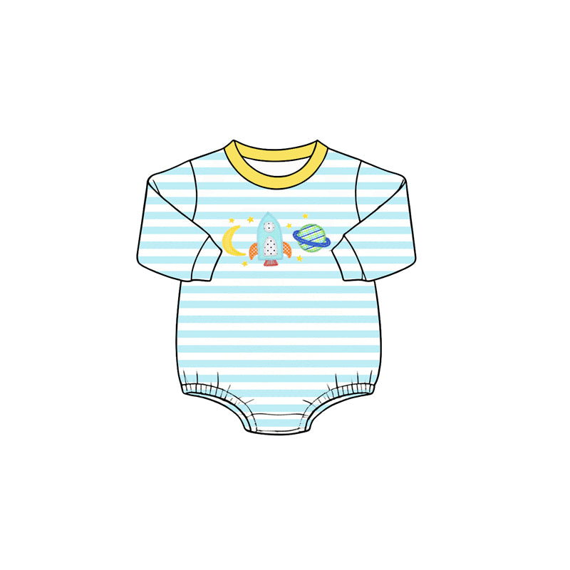 Baby Boys Long Sleeve Blue Stripe Rocket Moons Rompers Preorder