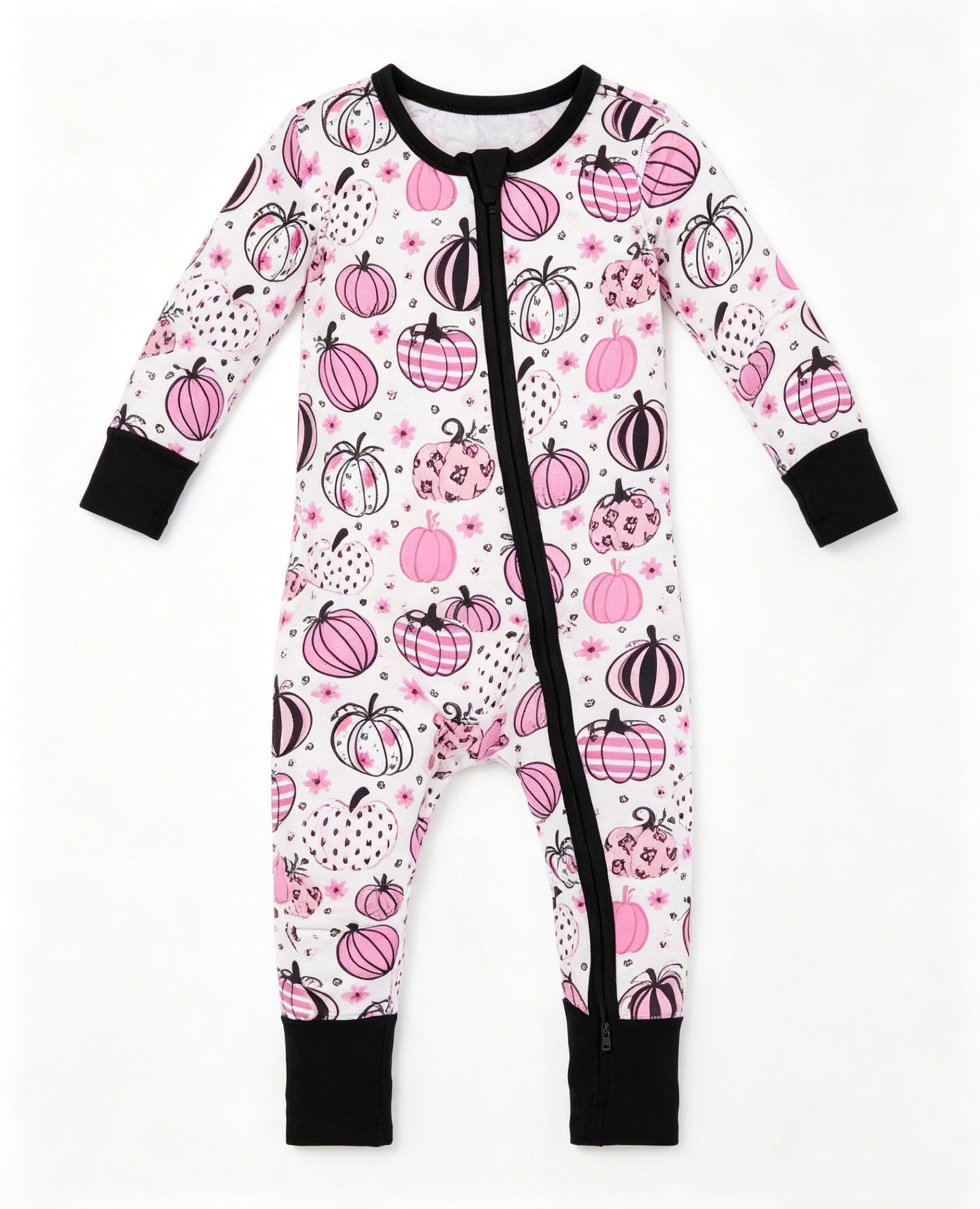 Baby Girls Long Sleeve Flowers Pumpkins Fall Two Way Zip Convertible Rompers Preorder