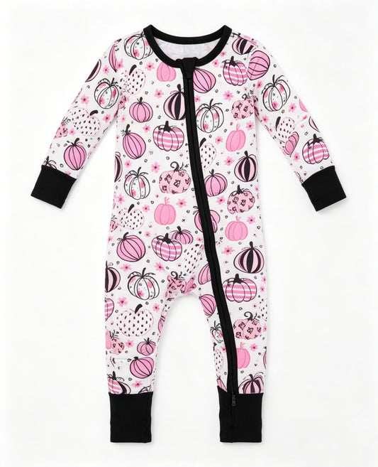 Baby Girls Long Sleeve Flowers Pumpkins Fall Two Way Zip Convertible Rompers Preorder