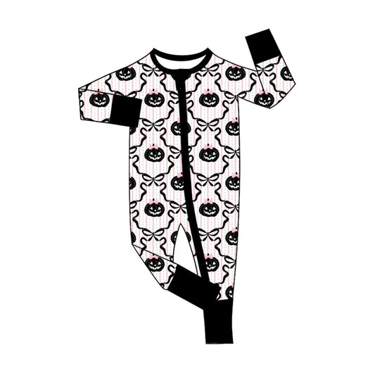 Baby Girls Bows Ghost Pumpkins Halloween Two Way Zip Convertible Rompers Preorder