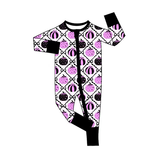 Baby Girls Bows Pumpkins Checked Fall Two Way Zip Convertible Rompers Preorder