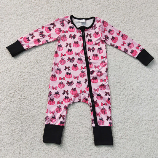 Baby Girls Pink Bows Pumpkins Fall Two Way Zip Convertible Rompers