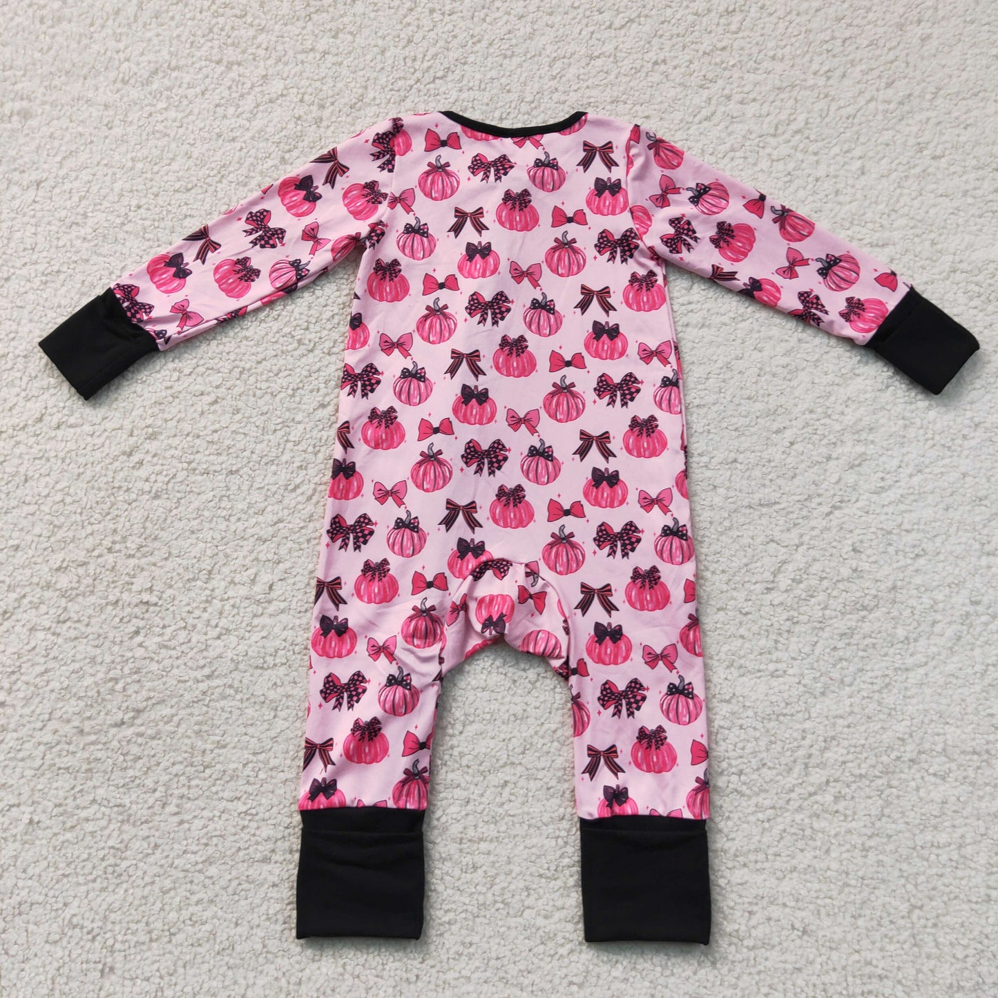 Baby Girls Pink Bows Pumpkins Fall Two Way Zip Convertible Rompers