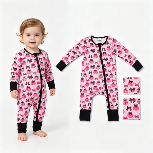 Baby Girls Pink Bows Pumpkins Fall Two Way Zip Convertible Rompers