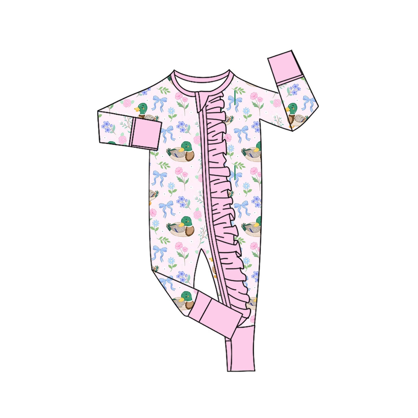 Baby Girls Flowers Ducks Hunting Two Way Ruffle Zip Convertible Rompers Preorder