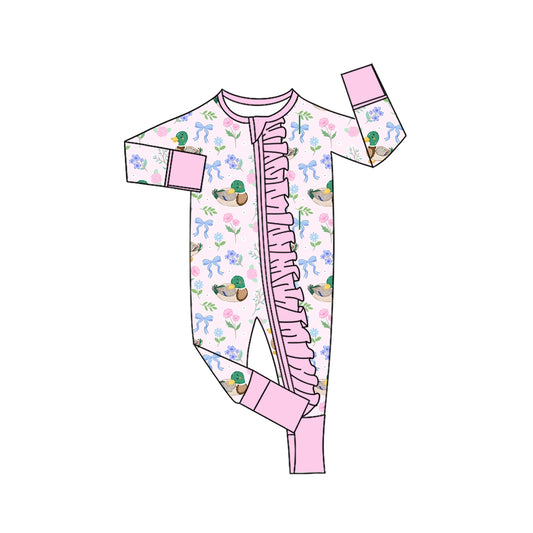 Baby Girls Flowers Ducks Hunting Two Way Ruffle Zip Convertible Rompers Preorder