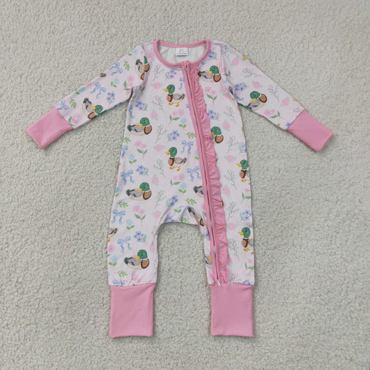 Baby Girls Flowers Ducks Hunting Two Way Ruffle Zip Convertible Rompers