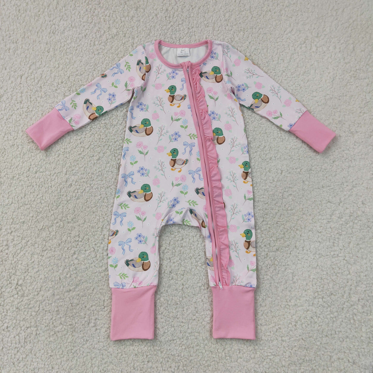 Sibling Baby Girls Flowers Ducks Top Pockets Short Scallop Clothes Set Ruffle Zip Rompers