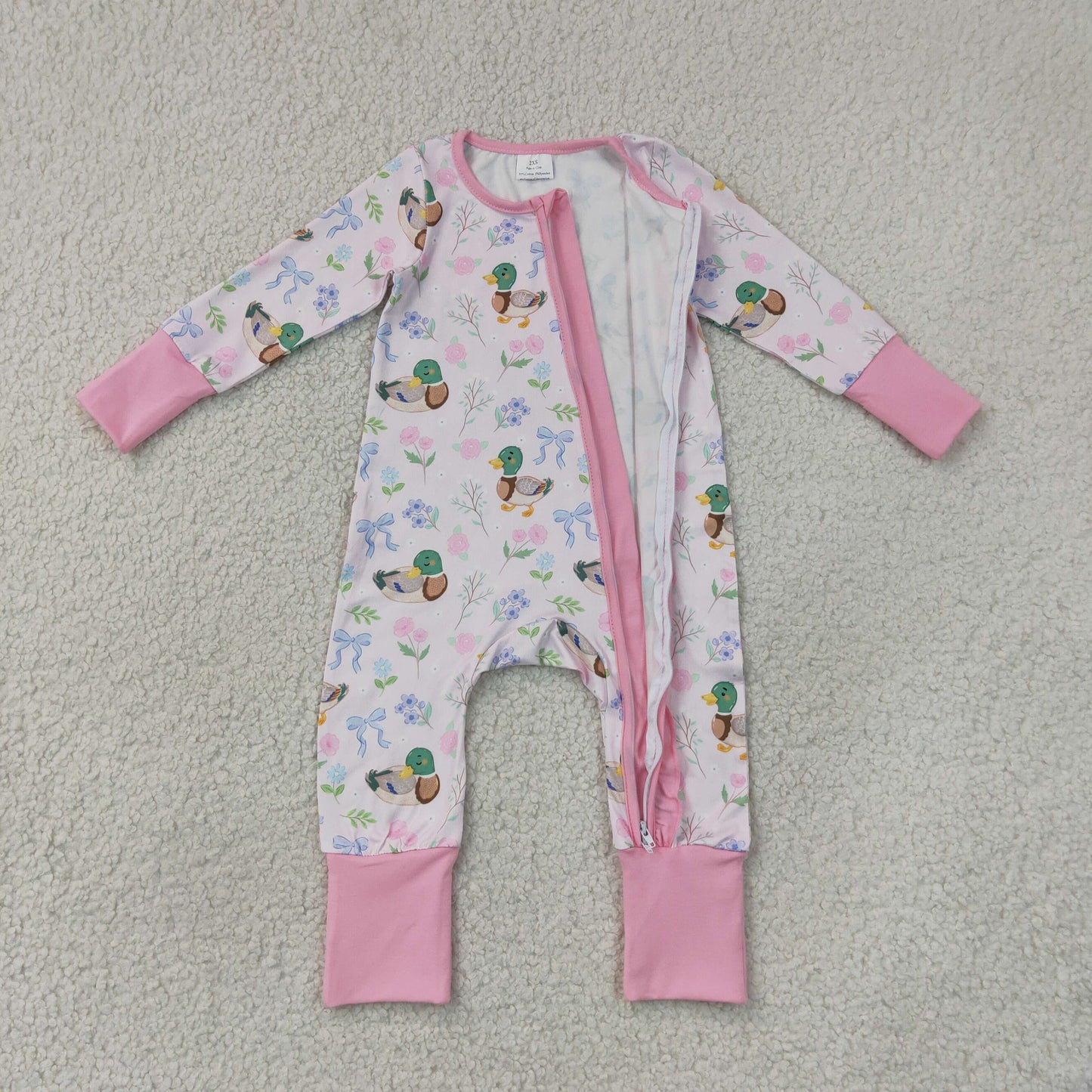 Baby Girls Flowers Ducks Hunting Two Way Ruffle Zip Convertible Rompers