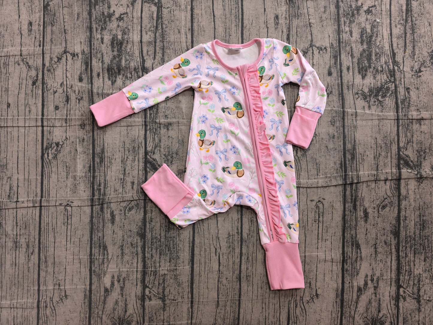 Baby Girls Flowers Ducks Hunting Two Way Ruffle Zip Convertible Rompers Preorder