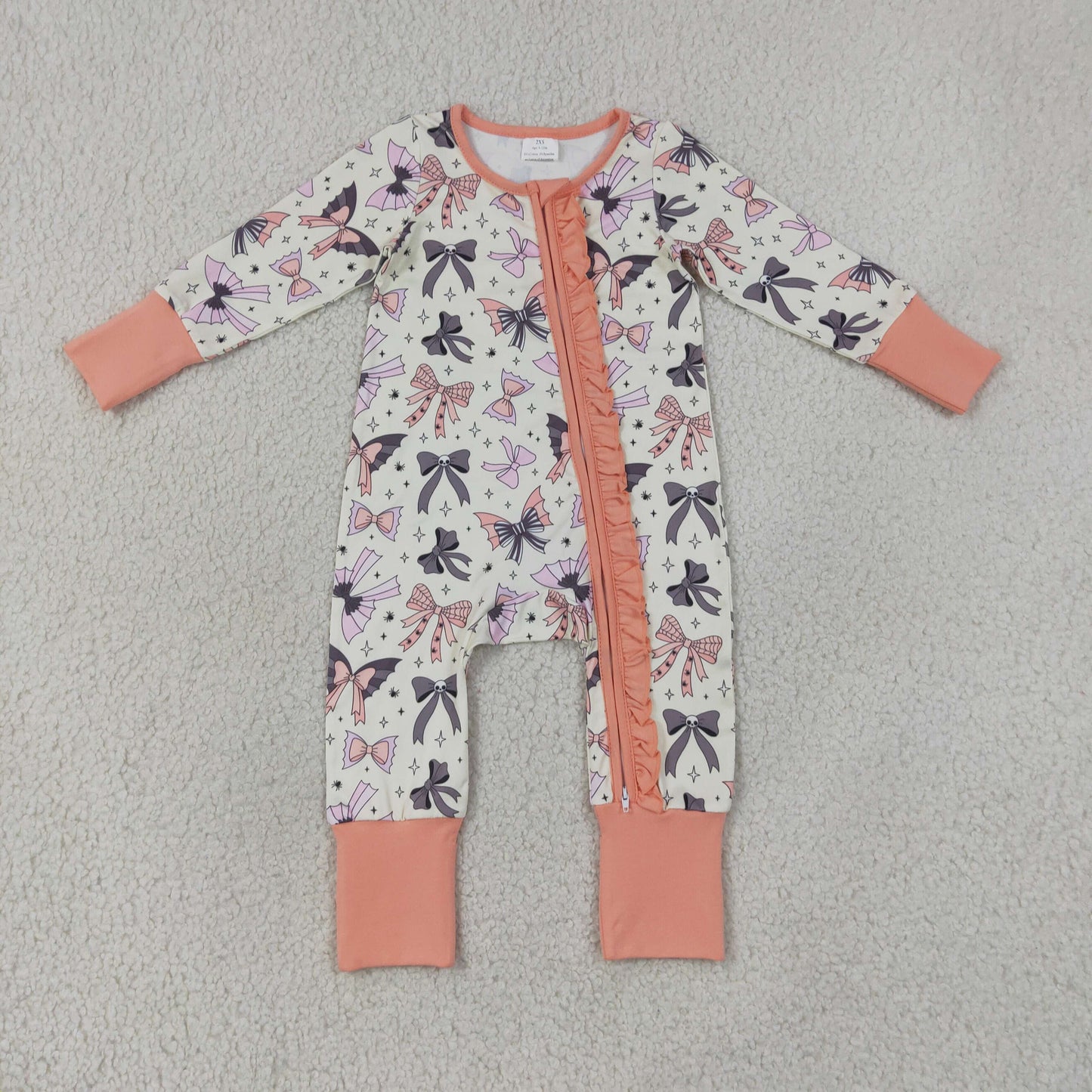 Sibling Baby Girls Ghost Bows Fur Sleeves Pant Halloween Pajamas Set Ruffle Zip Rompers